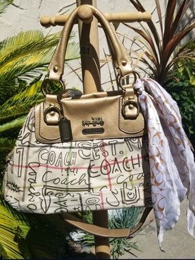Coach Scribble Logo Satchel with Gold Trim and Scarf